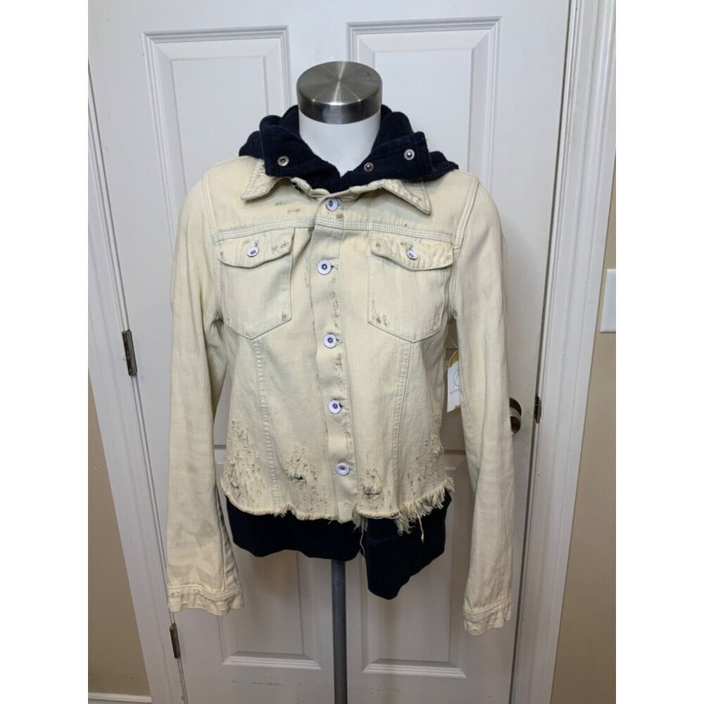 Free People Bleached White Denim Combo Hoodie Jean Jacket, Size Small